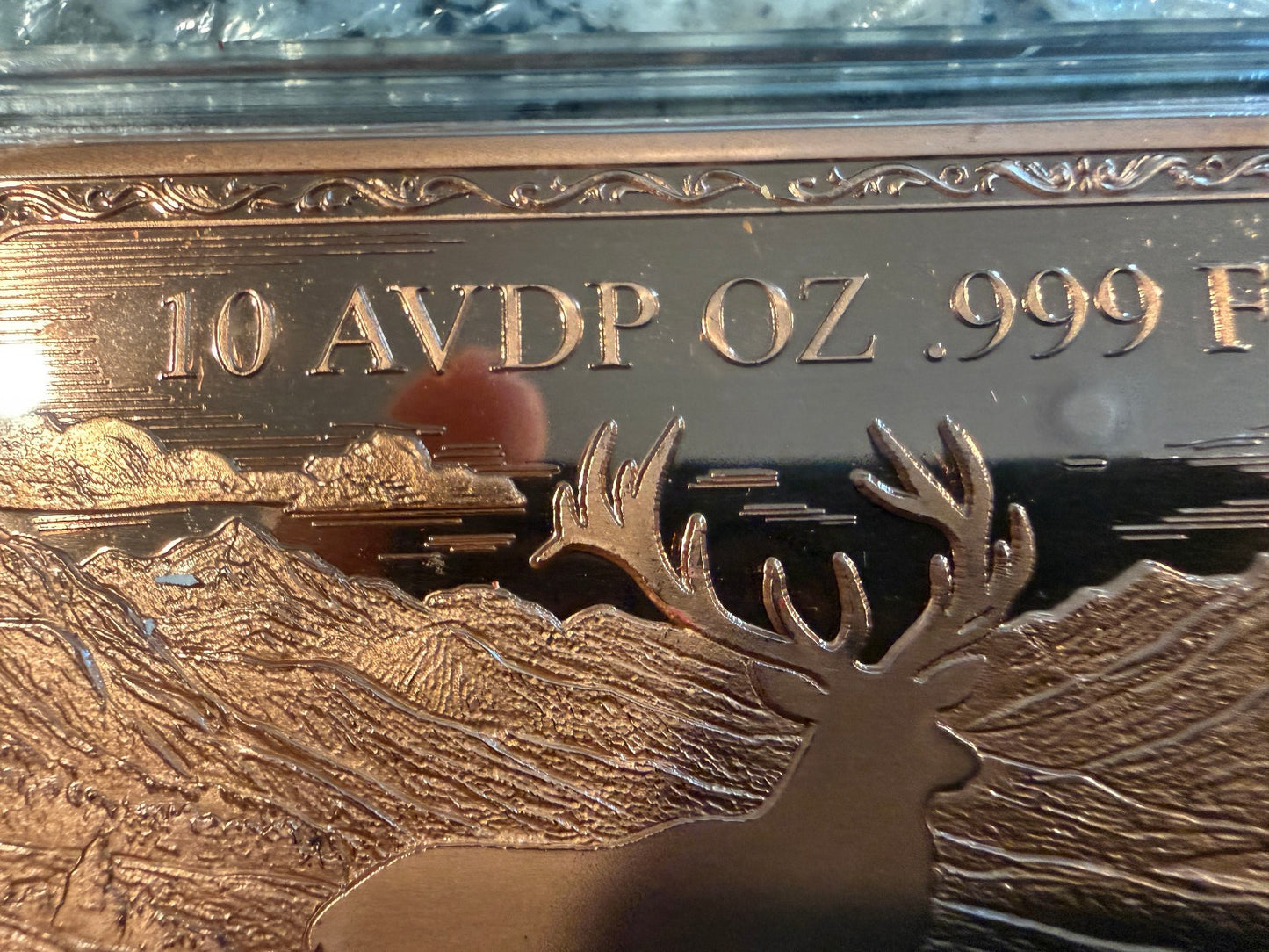 10 AVDP oz .999 Fine Copper Elk Landscape Art Bullion Bar with Colorized Forest