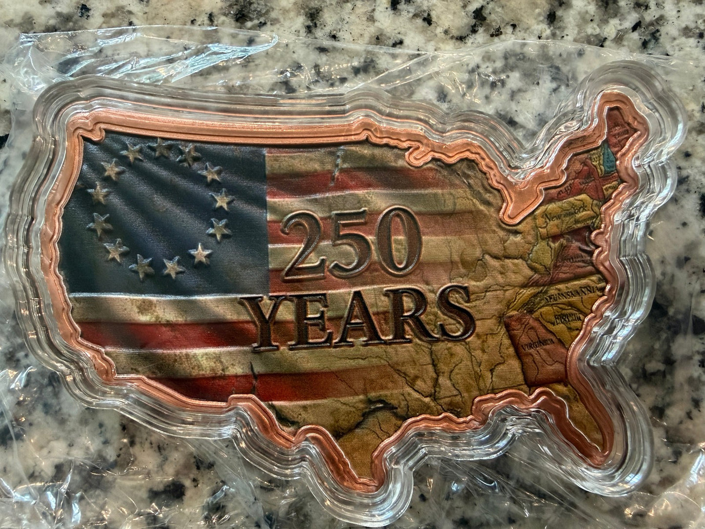 250 Years USA Shaped 10 AVDP oz .999 Fine Copper Bullion Bar Colorized
