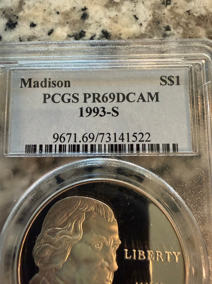 1993-S James Madison Commemorative Silver Dollar PCGS PR69DCAM Proof Deep Cameo