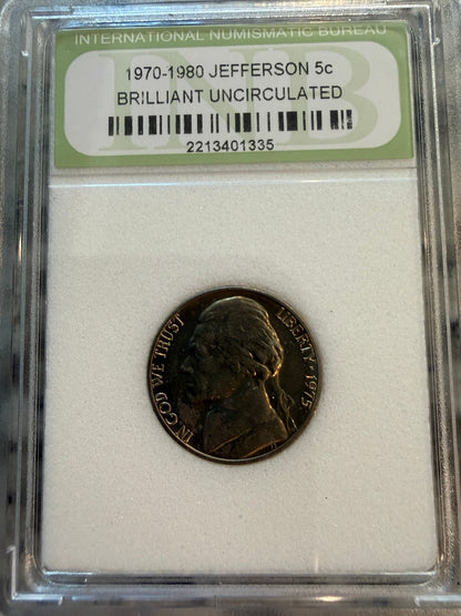 1975 Jefferson Nickel 5C Brilliant Uncirculated INB Certified Monticello Coin