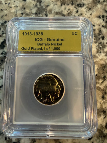 Genuine Gold Plated Buffalo Nickel ICG Certified Limited Edition 1 of 1000