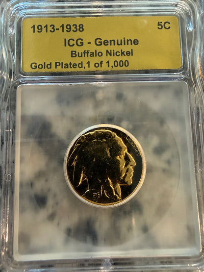 Genuine Gold Plated Buffalo Nickel ICG Certified Limited Edition 1 of 1000